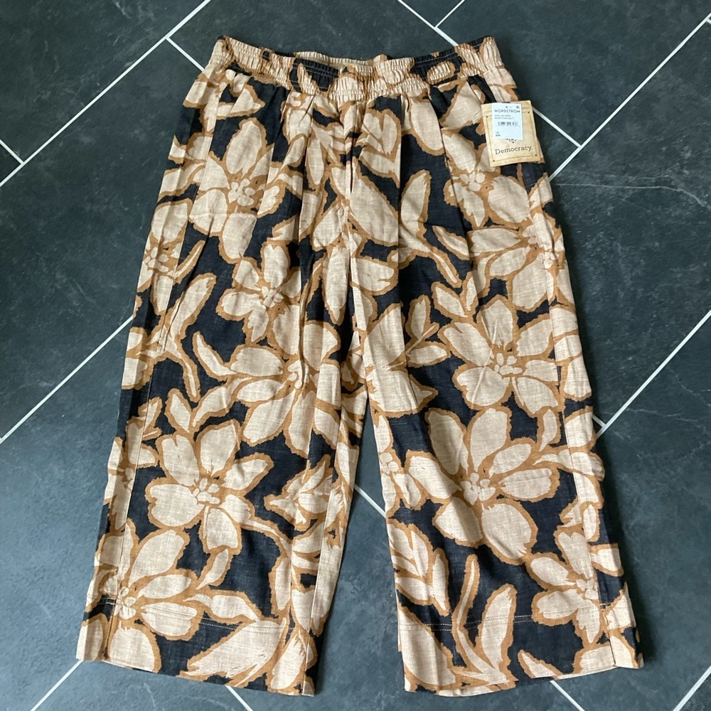 Democracy Floral Wide Leg Cropped Pants 1X Boho Cotton Rayon  Pockets